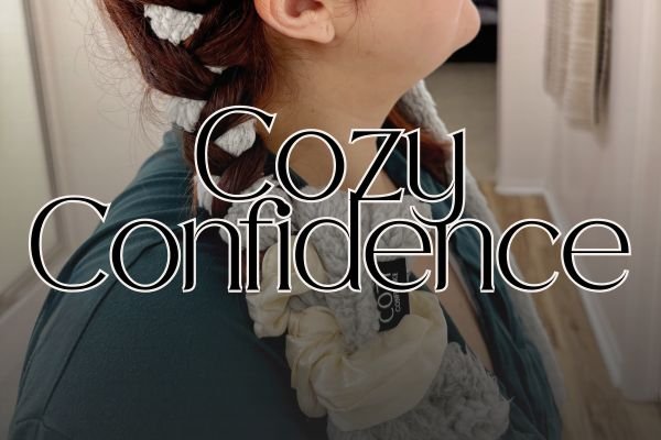 close up image of Cozy Confidence curl band with hair wrapped around and text overlay that reads "Cozy Confidence"