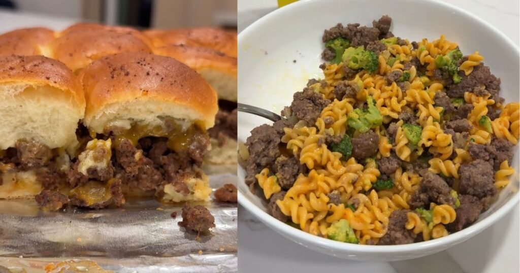 easy dinners for busy moms cover image (showing cheeseburger sliders on the left and a bowl of lazy hamburger helper recipe on the right)