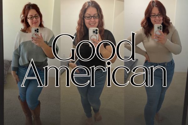 Collage of 3 images of woman wearing different outfits with denim and text overlay that reads "Good American"