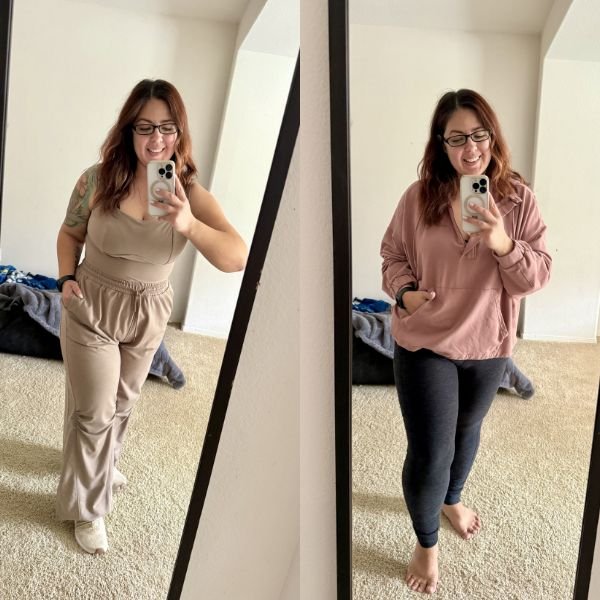 Loungewear for moms cover image featuring a 2 image collage of different outfits shown via a mirror selfie