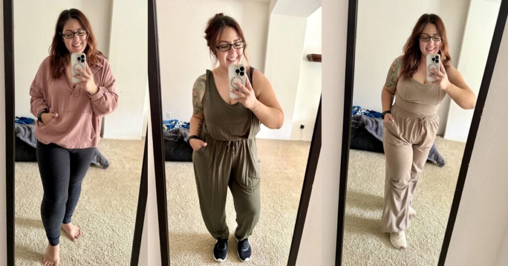 Loungewear for moms cover image featuring a 3 image collage of different outfits shown via a mirror selfie