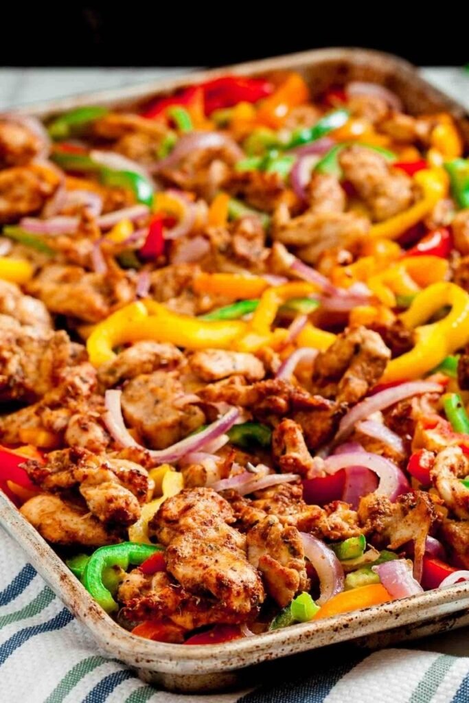 Image of chicken fajitas baked on a sheet recipe