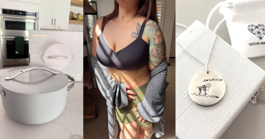 Mother's day gift idea list featuring images of Caraway Dutch Oven, Knix Bra, and Caitlyn Minimalist Necklace